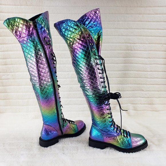 Travis Festive Quilted Metallic Rainbow Corset Lace Over the Knee Boots - Picture 2 of 11